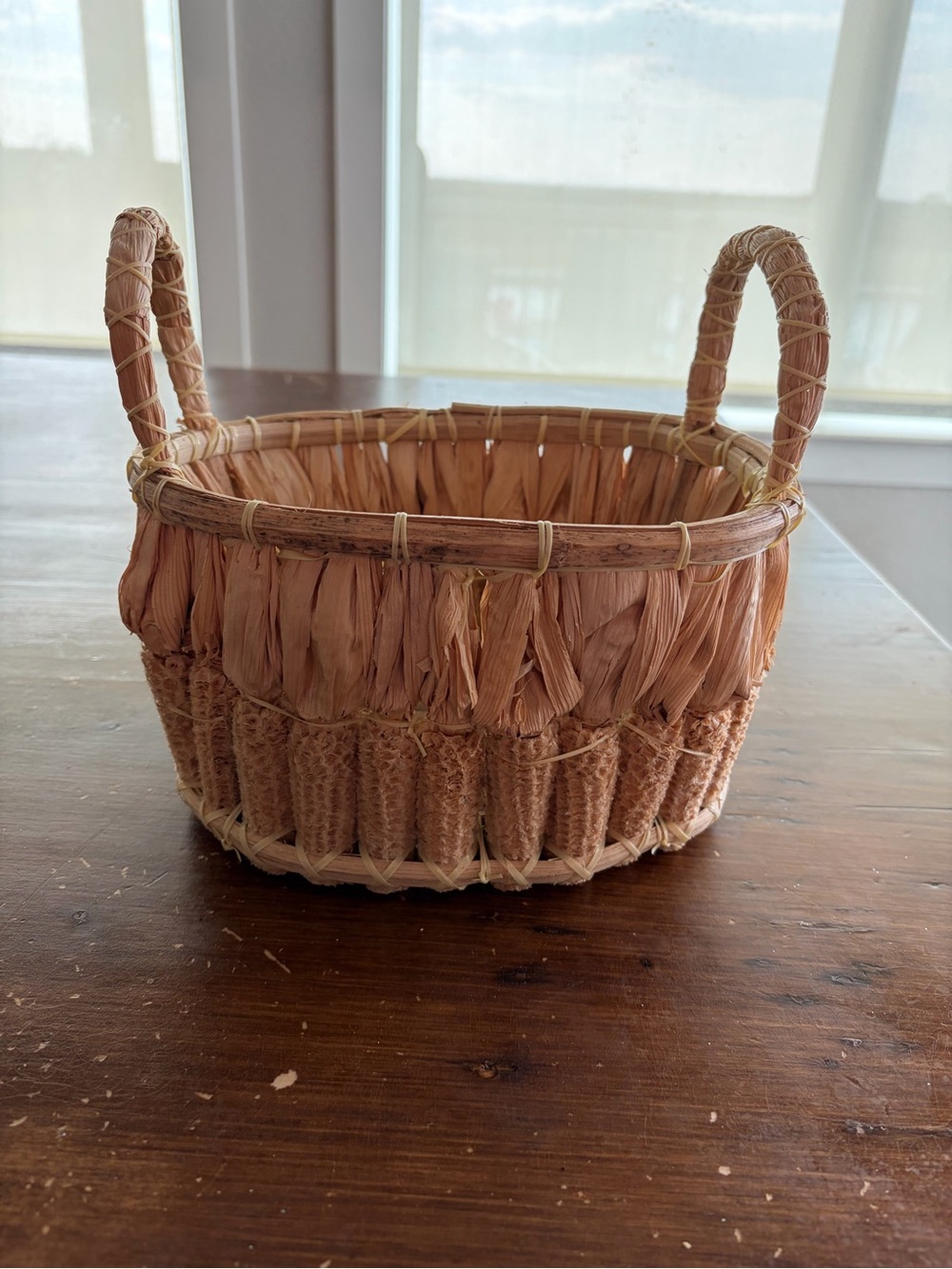 Vintage Corn Cob & Corn Husk Basket Handwoven Folk Art Farmhouse Harvest Decor